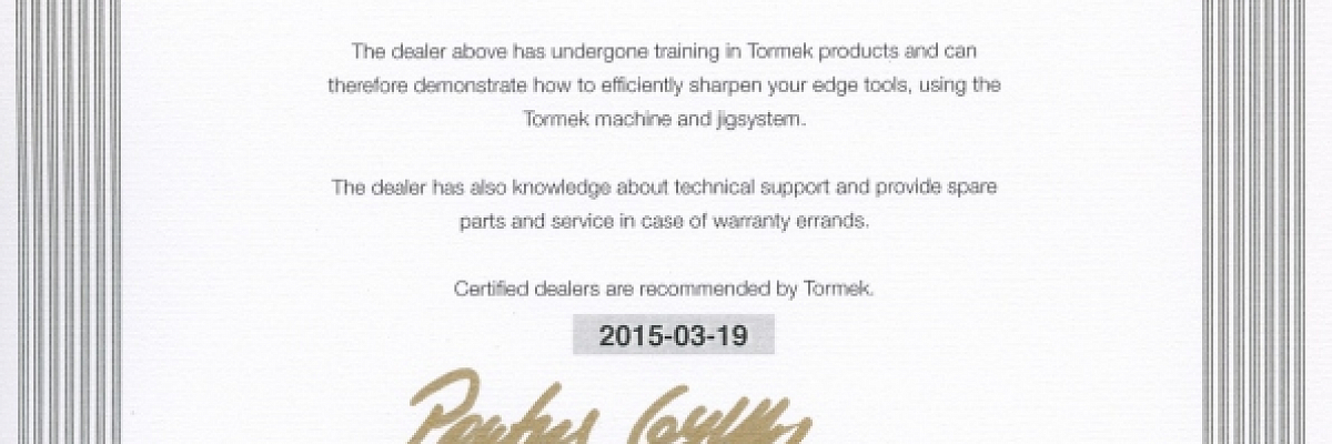 Диплом Tormek за отличные продажи